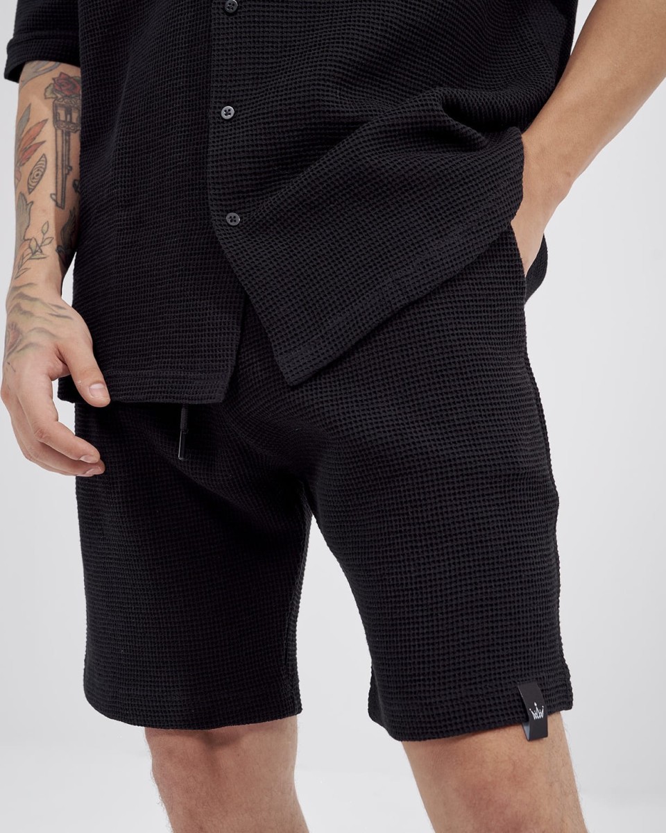 Herren-Waffel-Trainingsanzug-Set mit Shorts in Mitternachtsschwarz