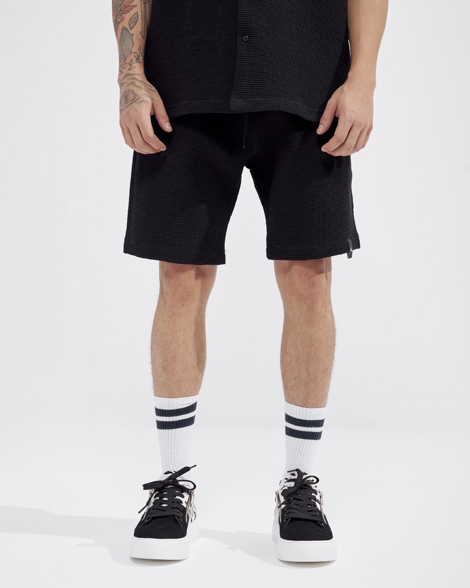 Herren-Waffel-Trainingsanzug-Set mit Shorts in Mitternachtsschwarz