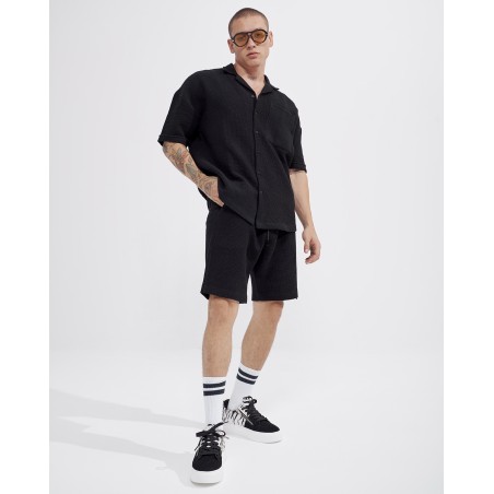 Herren-Waffel-Trainingsanzug-Set mit Shorts in Mitternachtsschwarz