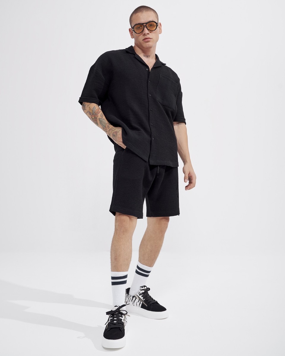 Herren-Waffel-Trainingsanzug-Set mit Shorts in Mitternachtsschwarz