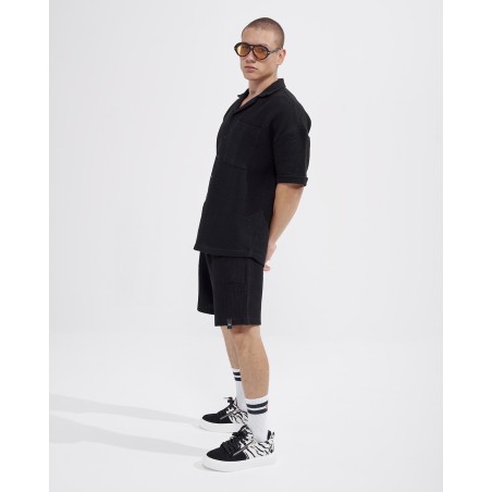 Herren-Waffel-Trainingsanzug-Set mit Shorts in Mitternachtsschwarz