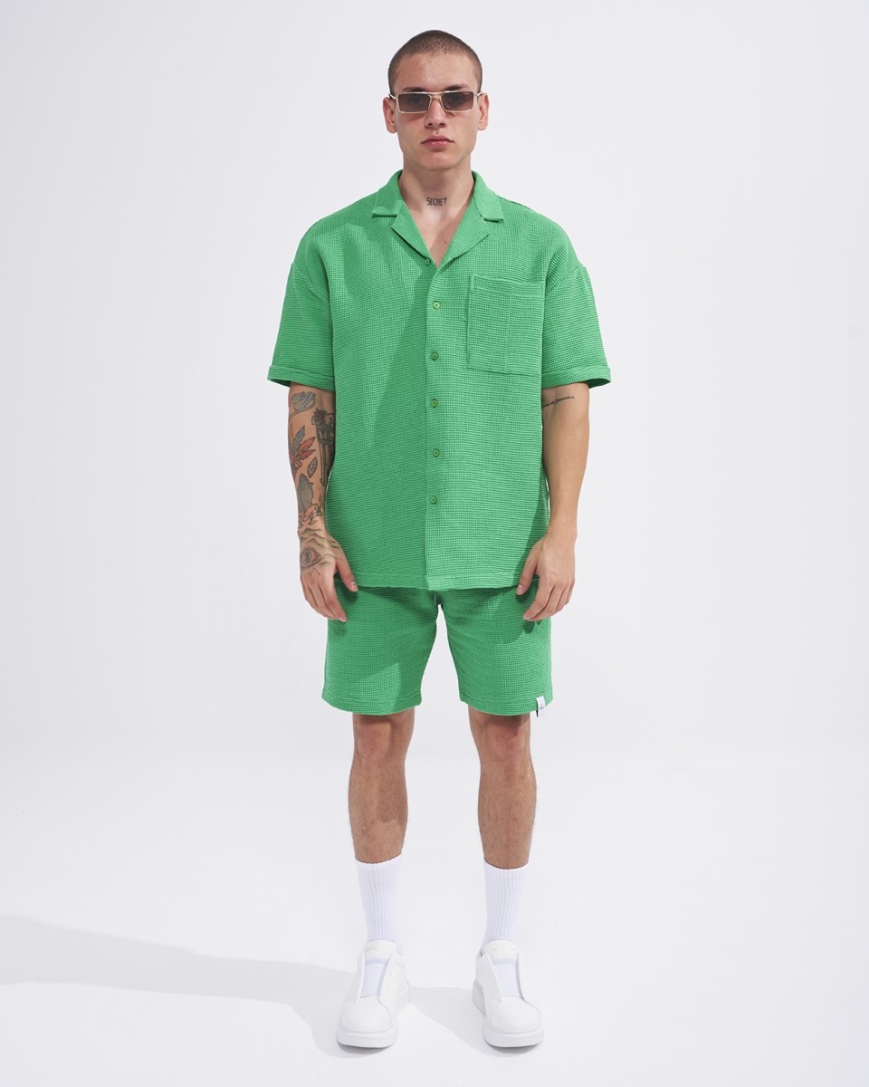 Herren-Waffel-Trainingsanzug-Set mit Shorts in Grün-Blau