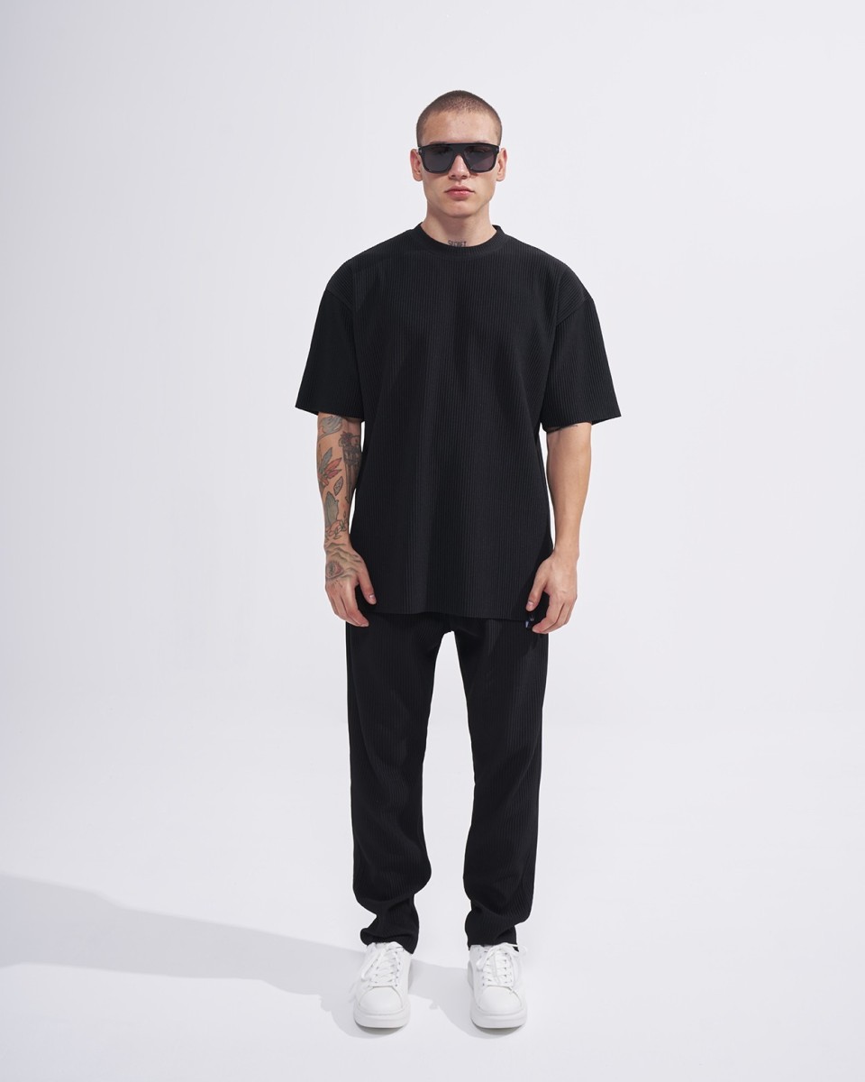 Herren Gerippter Trainingsanzug T-Shirt und Jogginghose Set in Schwarz 2