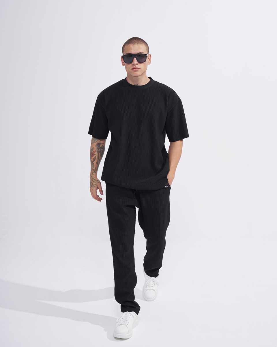 Conjunto de Camiseta y Pantalón de Chándal Acanalado para Hombre en Negro