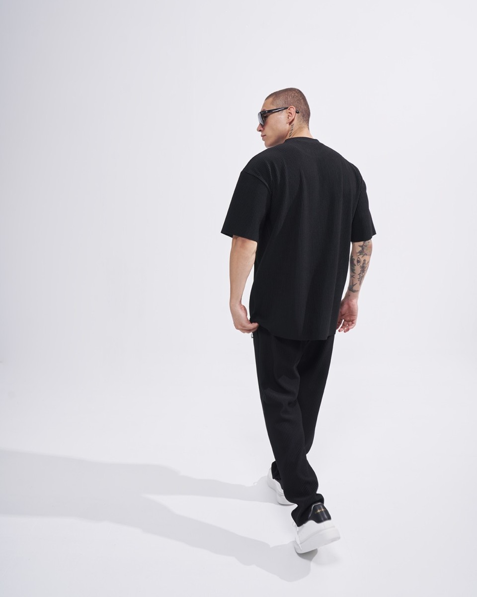 Ensemble T-shirt et Pantalon de Survêtement Côtelé pour Homme en Noir