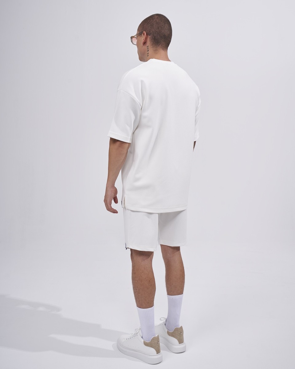 Conjunto de Chándal Corto de Sarga para Hombre con Detalle de Bolsillo en Blanco