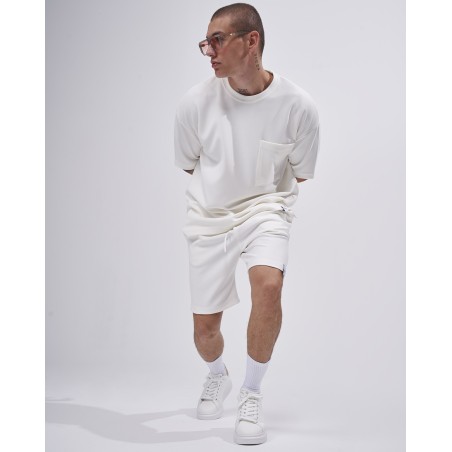 Conjunto de Chándal Corto de Sarga para Hombre con Detalle de Bolsillo en Blanco