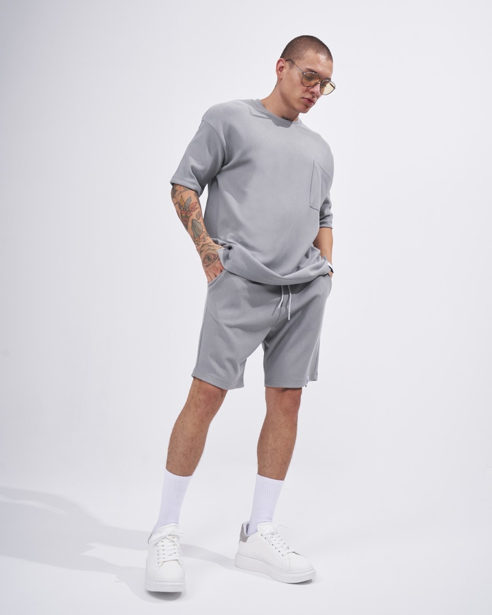 Men's Twill Short Tracksuit with Pocket Detail in Gray