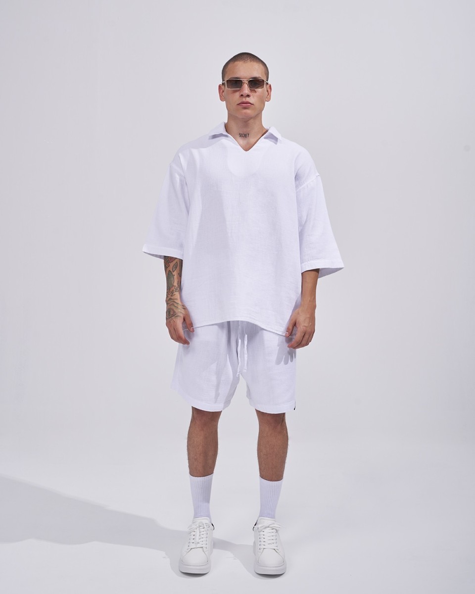 Heren Oversized Trainingspak Set met Linnen T-Shirt in Wit