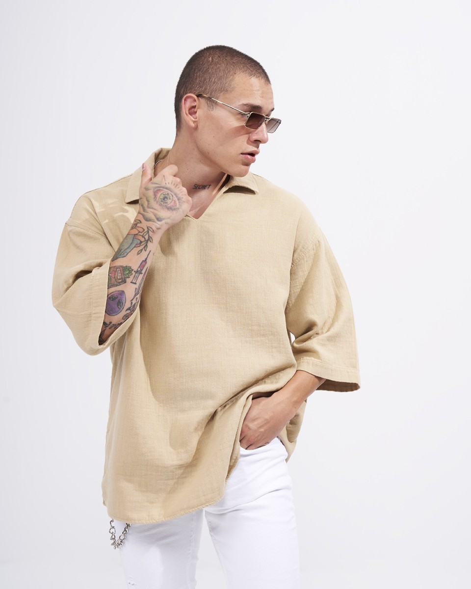 Heren Oversized Linnen Shirt met V-hals in Beige
