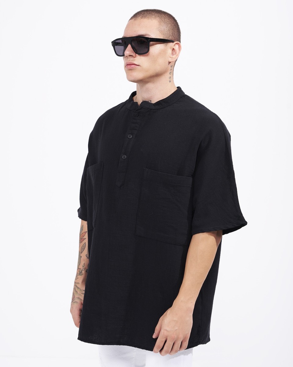 Men’s Oversized Linen Half-Button Mandarin Collar Shirt in Black 2
