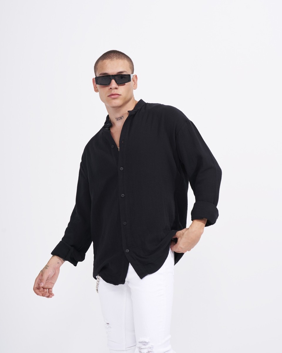 Camisa Homens de Linho com Corte Oversized e Gola Mandarim em Preto