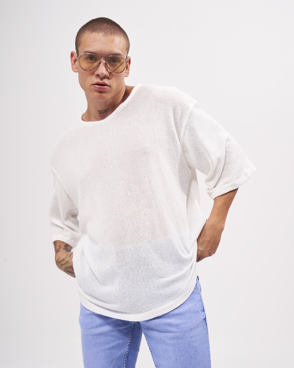 T-shirt Solta de Linho e Arejada com Meia Manga para Homens em Branco