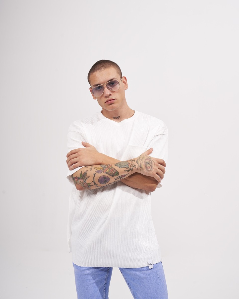 Herren Oversize Waffel-T-Shirt mit Taschendetail in Weiß
