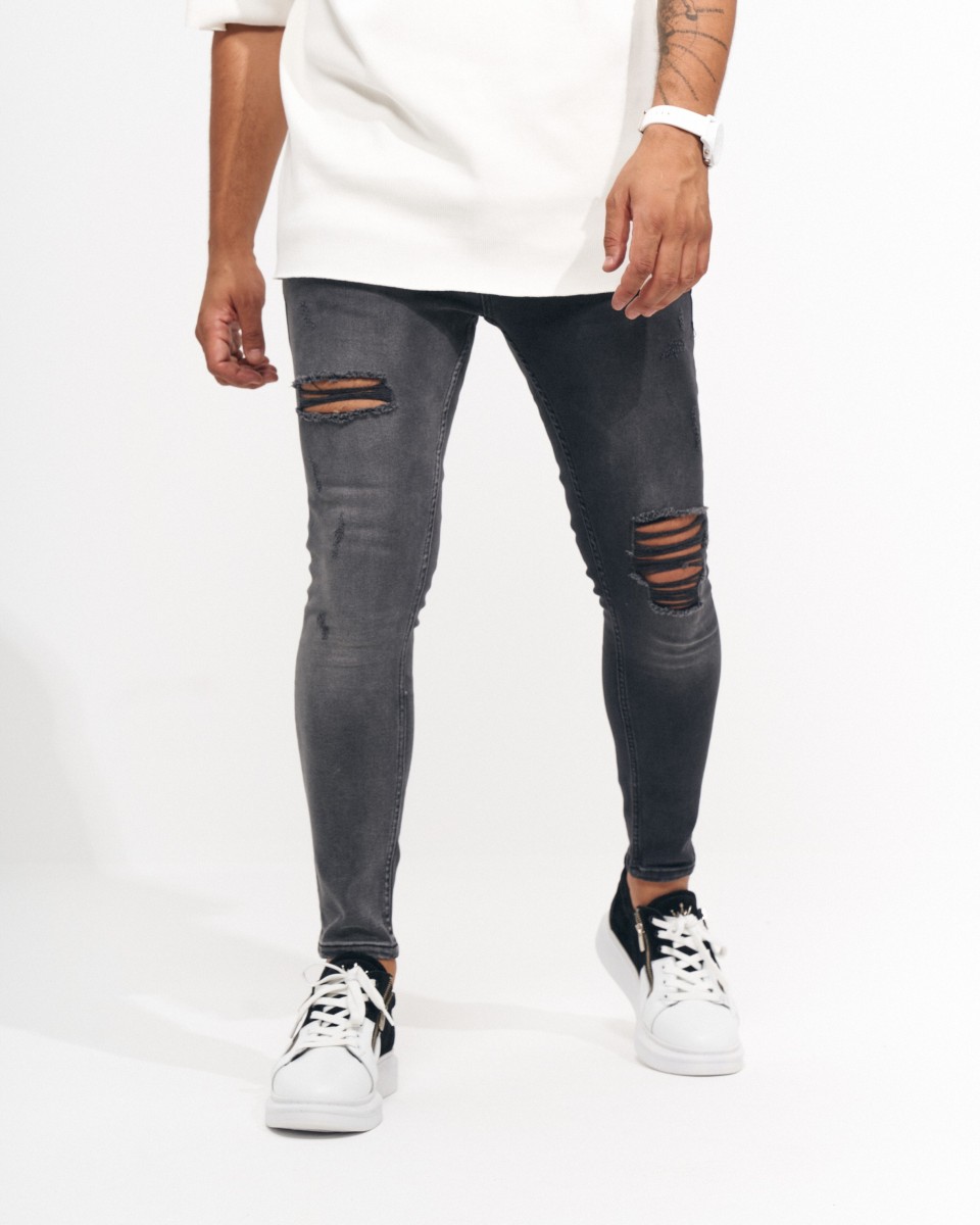 Heren Skinny Fit Vintage en Gescheurde Antraciet Jeans | Martin Valen