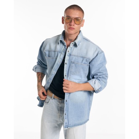 Camicia in denim blu ghiaccio con tasca oversize da uomo | Martin Valen