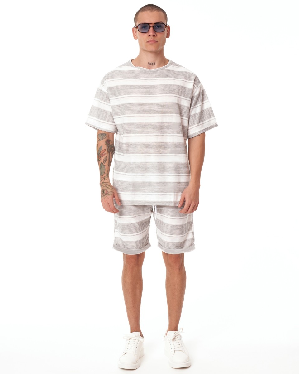 Men's Oversize Shortsuit Light Fabric Striped White-Grey | Martin Valen