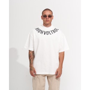 T-shirt pesante bianca serigrafata con colletto oversize da uomo | Martin Valen