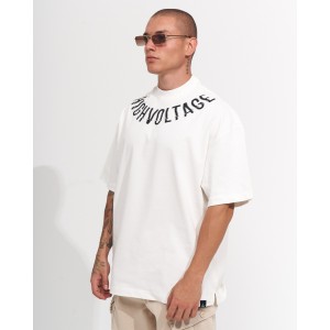 T-shirt pesante bianca serigrafata con colletto oversize da uomo | Martin Valen