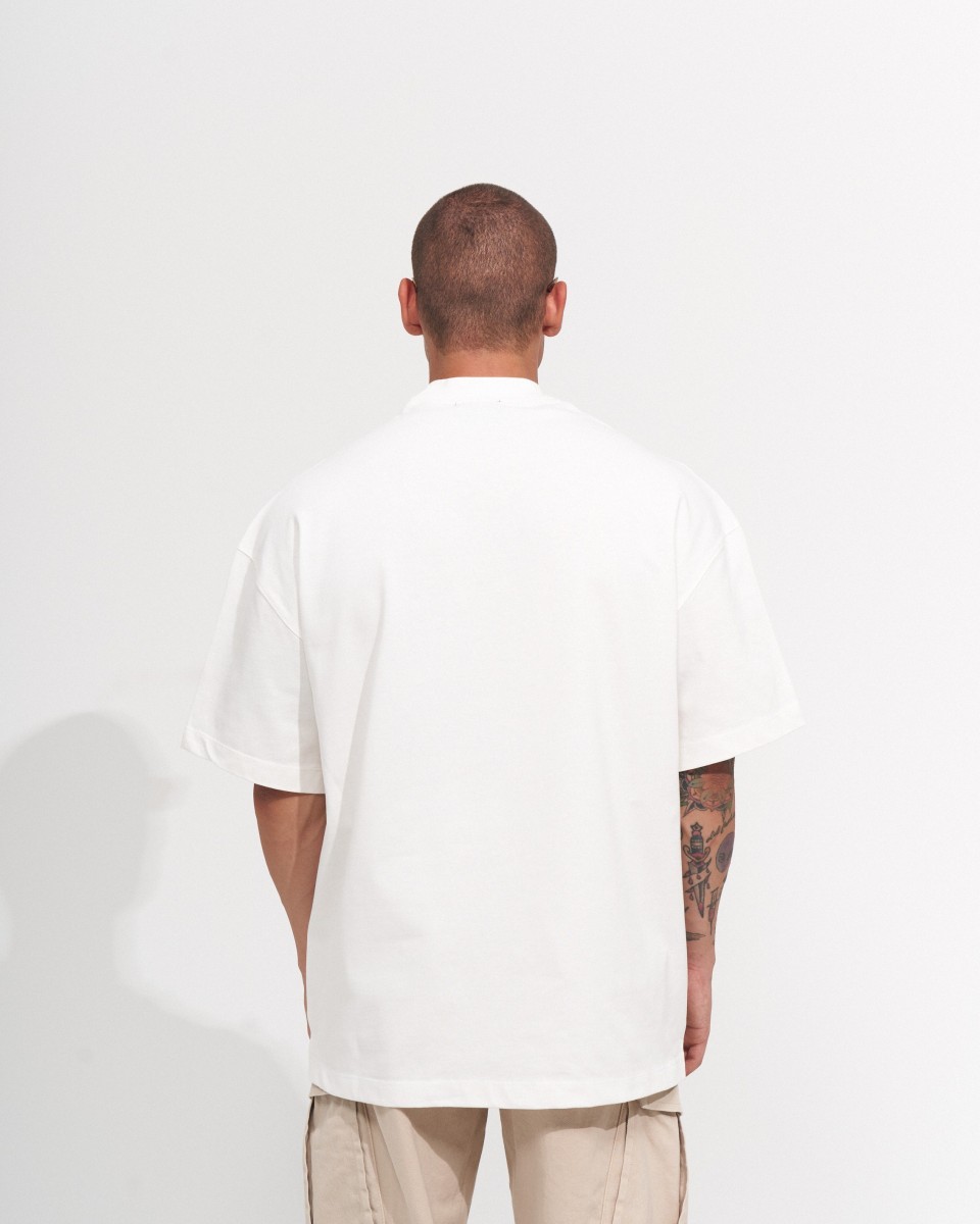 T-shirt pesante bianca serigrafata con colletto oversize da uomo | Martin Valen