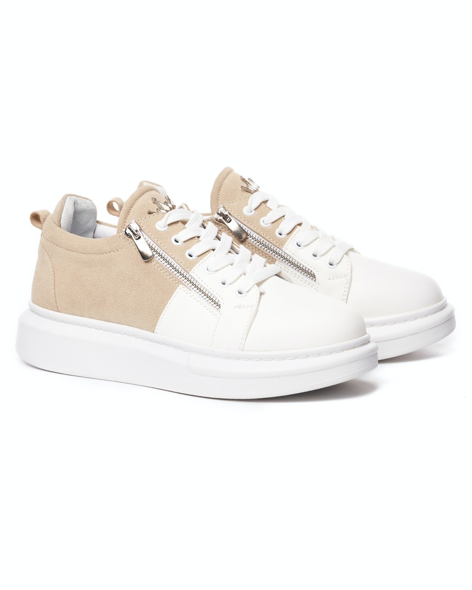 Sneakers Diseñador Suela Gruesa Cremallera Crema-Blanco 2