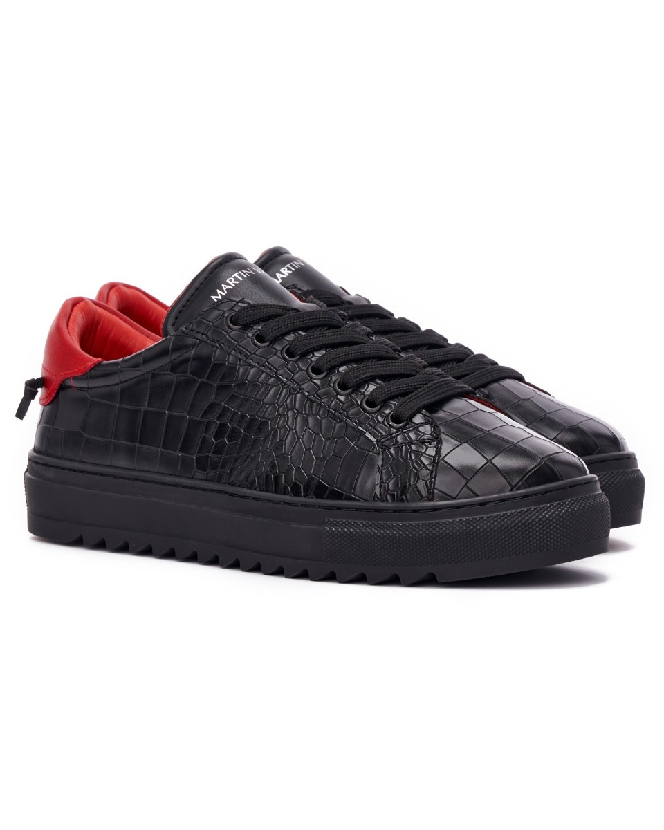 Herren Low Top Sneakers Schuhe mit Krokodilleder Optik in schwarz-rot | Martin Valen 2