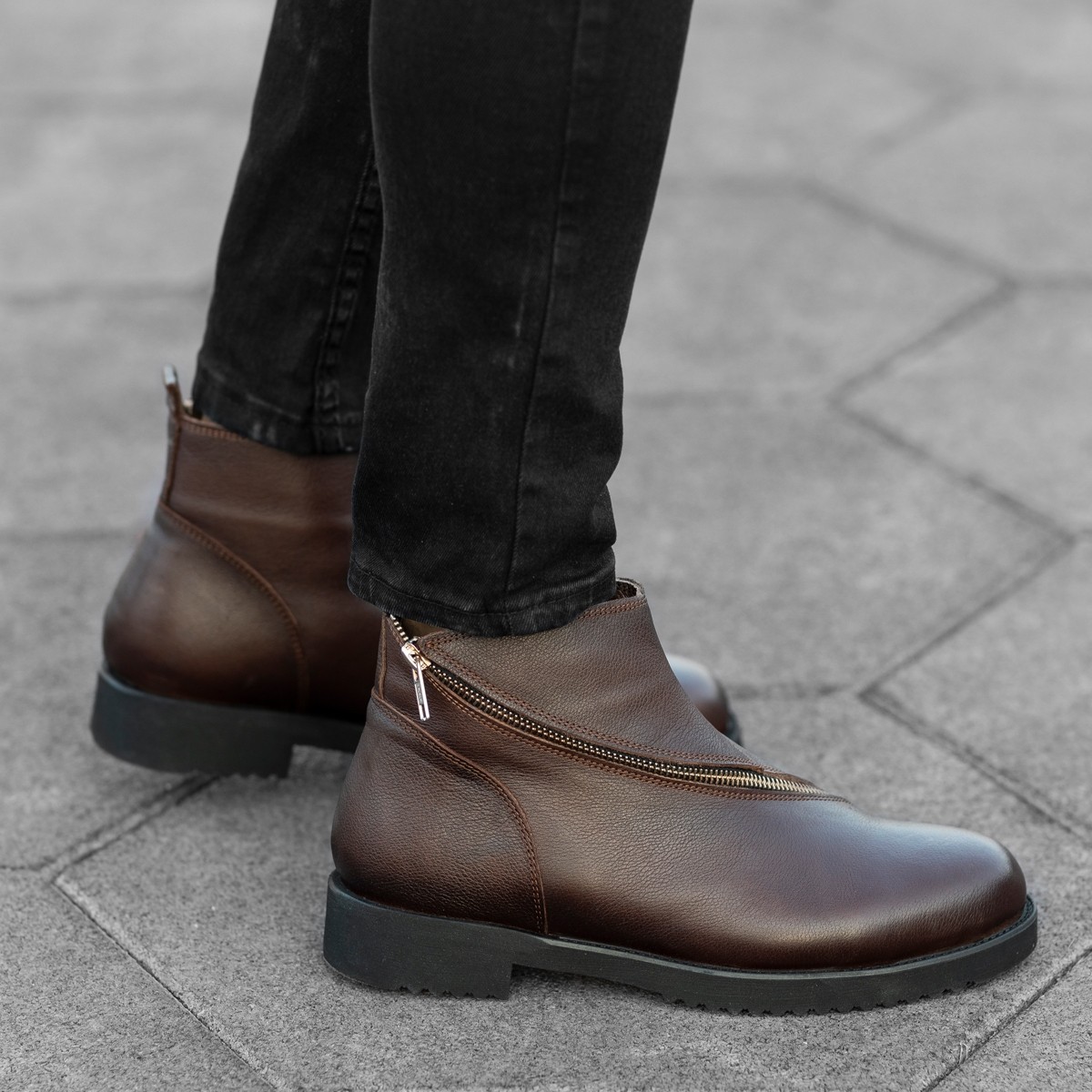 Herren Lederstiefel Chelsea Boots mit Reissverschluss in braun - 1
